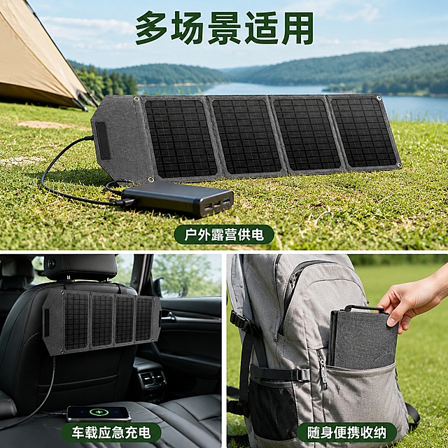 [主图-4] 多场景使用效果展示，氛围风格为真实户外生活化氛围，真实户外摄影质感，色彩自然通透。采用上下拼版构图，上半部分展示户外露营场景：太阳能板展开放置在草地，连接充电宝充电，保留太阳能板外观结构与原图完全一致；下半部分分两小图，左图展示车载场景固定使用，右图展示折叠后放入背包体积对比。场景自然，产品占比总画面65%，保持产品所有特征不变形不色差。自然日光效果，符合户外真实光影，产品清晰不发黑发灰。自然绿色草地蓝色天空为主色调，搭配产品本身黑灰色，和谐自然。顶部主标题「多场景适用」深绿色加粗，每个小场景下方配简短文案：「户外露营供电」「车载应急充电」「随身便携收纳」，文字大小适中，不遮挡产品主体。1:1比例，文字清晰，超高清。负面提示：变形，文字错乱，产品模糊，背景杂乱，水印，平台Logo