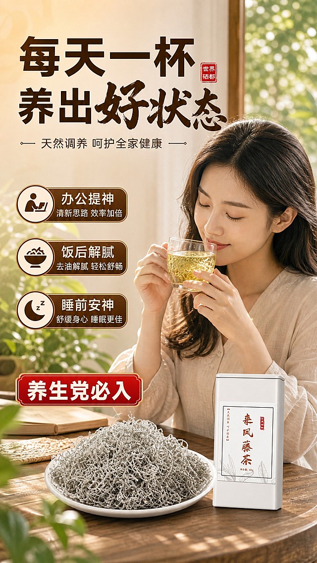[商品] 使用【图1】来凤藤茶65g白色袋装产品；保留白色包装袋、棕色标签框、"来凤藤茶"棕色书法大字、"世界硒都"红色印章；产品包装文字与结构完全保真。产品置于画面右下角桌面，占画面约15%。
[画面] 目标：模特品饮页，传递健康养生生活方式，增强代入感。构图：亚洲年轻女性（25-35岁，气质温婉）坐在窗边木桌前，双手捧着玻璃杯正在品饮藤茶，杯中是金黄透亮的茶汤和舒展的龙须嫩芽，表情放松愉悦；桌上摆放藤茶产品和白瓷碟（碟中堆满藤茶干茶，干茶形态严格参考【图25】【图26】：卷曲细密、满披银白色白霜、银白显毫）；窗外是绿色植物虚化背景；阳光从侧面洒入，温暖明亮；整体氛围健康、治愈、生活化。
[视觉] 套系策略：风格=中式养生商业摄影+拼多多大字报风格；标题字=粗黑体+书法点缀；正文字=简洁黑体；主色=暖棕+米白+自然光色；背景延展=米白墙面+窗边绿植虚化+暖光渐变；强调色=朱砂红，仅用于小标签；标题色=深棕；正文色=中棕；组件=圆角棕底信息卡、细线引线、红色标签；光影=侧窗自然光，温暖柔和。
[文字] 左上主标题"每天一杯 养出好状态"，副标题"天然调养 呵护全家健康"，左侧3个场景卖点："办公提神"、"饭后解腻"、"睡前安神"，底部红色标签"养生党必入"；所有文字横排，字号大，手机端清晰可读，不遮挡模特脸部和产品。
[规格] 图片比例9:16竖版，4K，避免变形、错字、文字过小、冷蓝背景、包装文字错乱、欧美面孔、干茶形态与参考图不一致。