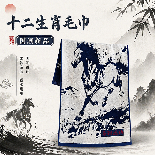 保持十二生肖毛巾产品图案不变，采用留白写意国风水墨意境背景，添加文案"十二生肖毛巾 国潮新品"，突出产品质感，适配拼多多平台，生成1:1比例的电商主图，整体国风水墨意境风