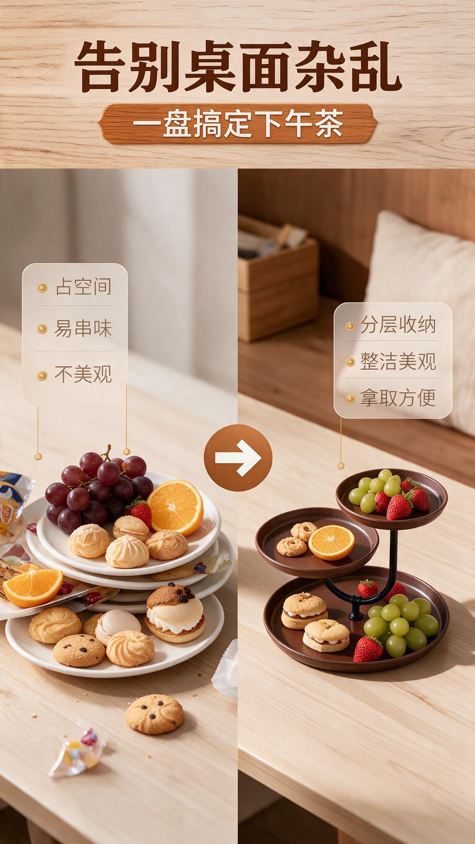 [商品] 使用【图2】家用三层仿木纹点心水果盘作为产品原型，严… - 图片创意预览