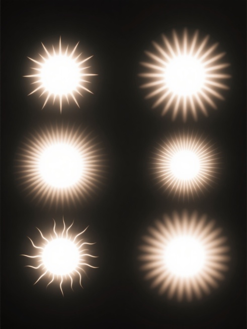 黑色背景上，六个不同样式、不同风格的太阳光以整齐排列的方式呈现，每个太阳光都具有明亮的中心光源和向外辐射的光线效果，光线呈现出柔和的渐变过渡，整体画面简洁而富有视觉冲击力，光影对比鲜明，营造出一种神秘而又充满能量的氛围。预览效果