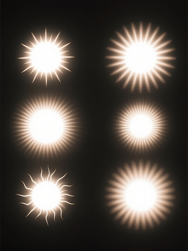 黑色背景上，六个不同样式、不同风格的太阳光以整齐排列的方式呈现，每个太阳光都具有明亮的中心光源和向外辐射的光线效果，光线呈现出柔和的渐变过渡，整体画面简洁而富有视觉冲击力，光影对比鲜明，营造出一种神秘而又充满能量的氛围。