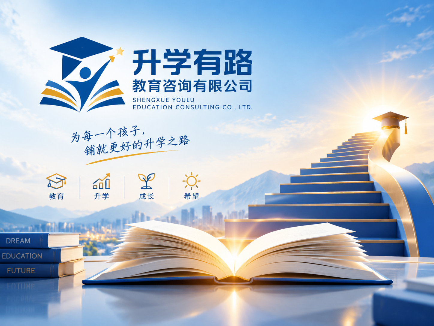 升学有路教育咨询有限公司品牌视觉形象图，现代简约专业风格，以蓝… - 图片创意预览