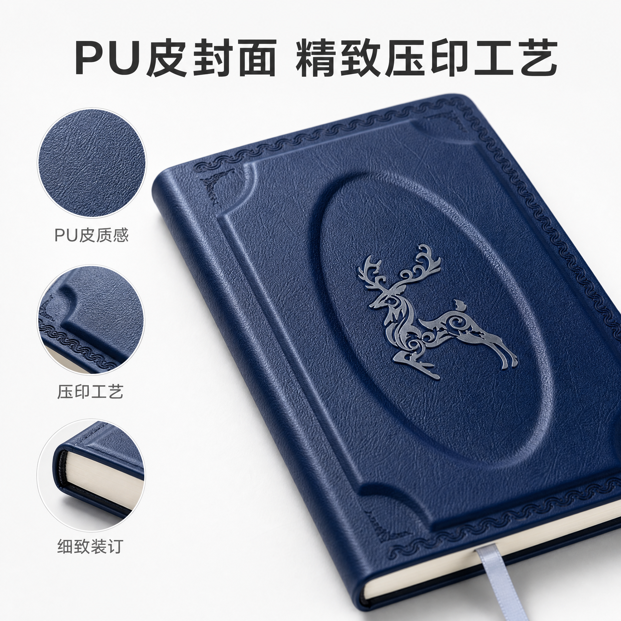 [主图-3] 材质结构与细节，展示PU皮封面质感、鹿纹压印工艺… - 图片创意预览