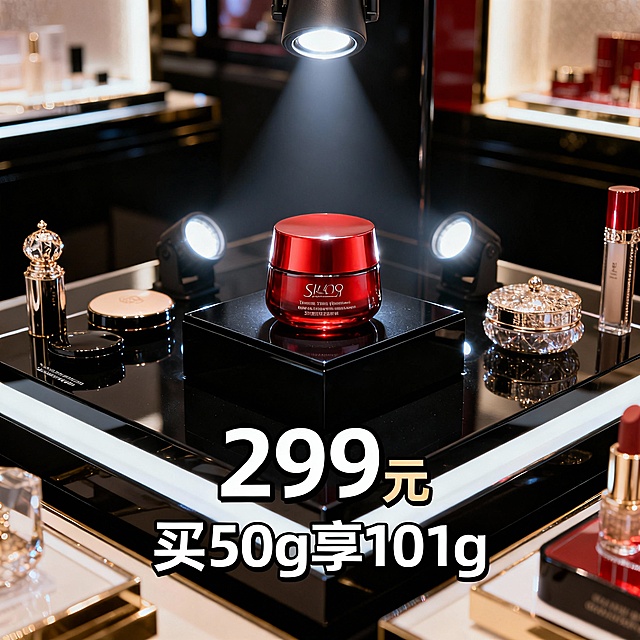 生成三张不同场景的面霜电商主图，价格“299元”，比例1:1，超红瓶 抗皱面霜 买50g享101g