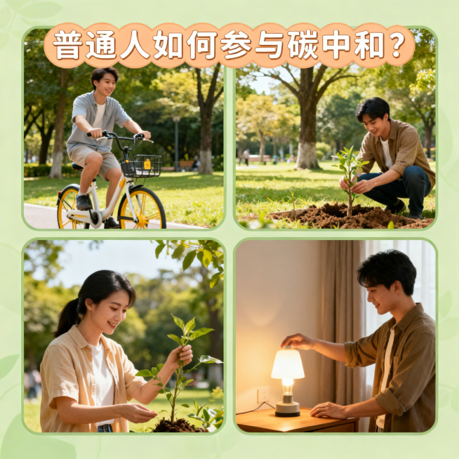 普通人参与碳中和主题正方形图片，画面展示日常低碳行为：骑车、植树、随手关灯，搭配文字“普通人如何参与碳中和？”，温馨生活化风格预览效果