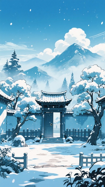 二次元古风，下雪，庭院，正面大门，围栏，树，远山，雾气，云，浅蓝色，细节丰富，元素多样，9:16,不要人物预览效果