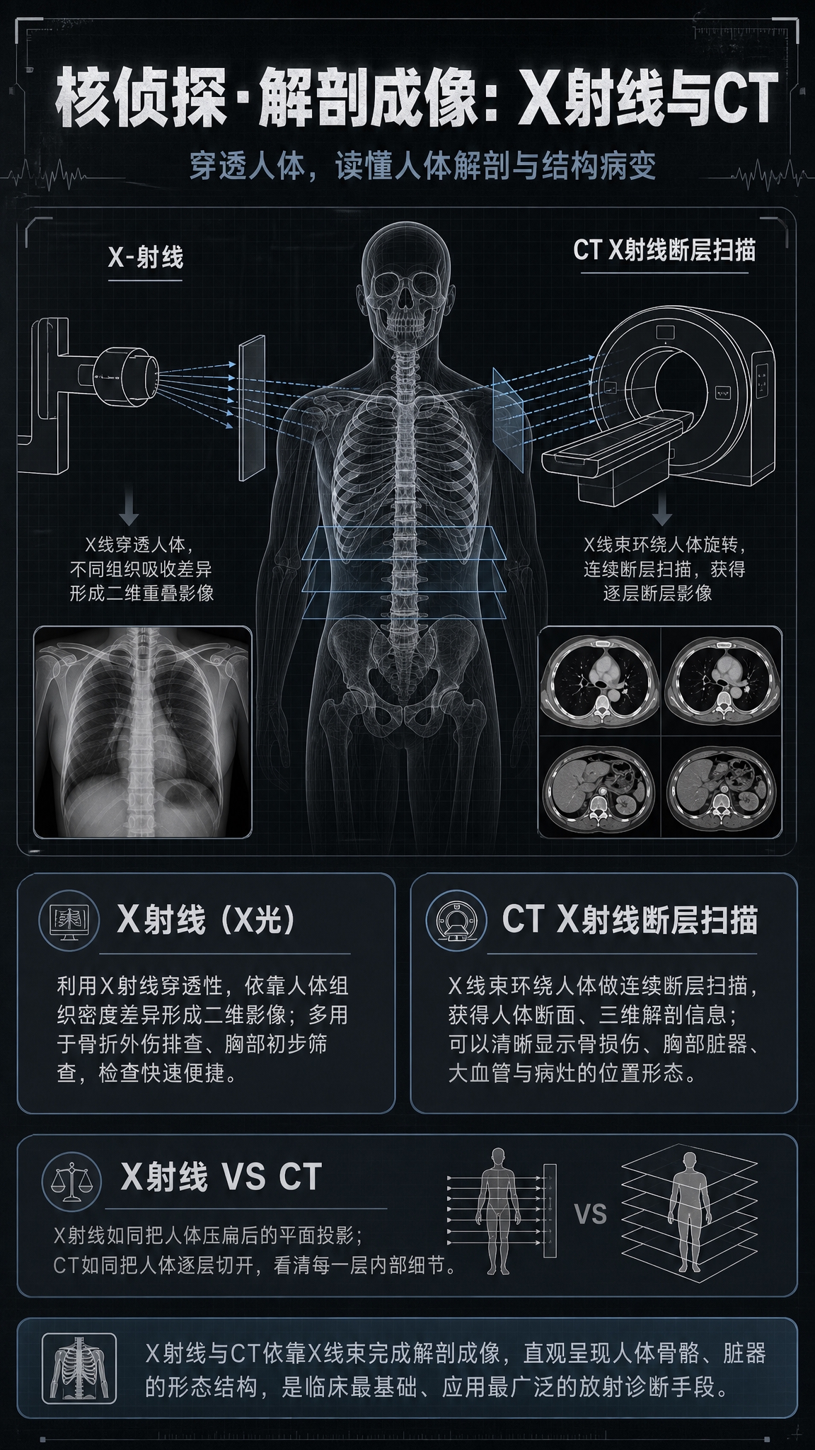 一张医学科普信息海报，主题为「核侦探·解剖成像：X射线与CT」… - 图片创意预览