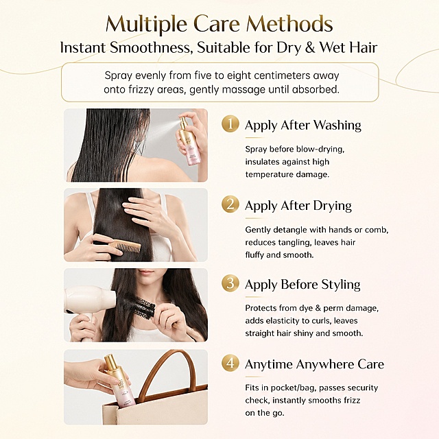 [Page 6] Multiple usage methods introduction. This page uses [image6] as the content layout reference.
[Atmosphere/Style] Step-by-step demonstration style, clean and clear layout, actual operation photos with clear text instructions.
[Element Layout] Title at the top, general usage instructions in a text box, followed by four usage scenarios each with photo and text description. All text completely translated to English.
[Light & Shadow Texture] Even soft lighting, clear demonstration photos, natural shadows, high definition clarity.
[Color Scheme] Global background #fff9f0, off-white for instruction box, light golden for decoration, dark text for readability, consistent with overall style.
[Perspective & Composition] Vertical composition, top to bottom step-by-step layout, clear reading flow.
[Text Layout] Main title: "Multiple Care Methods", Subtitle: "Instant Smoothness, Suitable for Dry & Wet Hair". General Instruction: Spray evenly from five to eight centimeters away onto frizzy areas, gently massage until absorbed. 1. Apply After Washing: Spray before blow-drying, insulates against high temperature damage. 2. Apply After Drying: Gently detangle with hands or comb, reduces tangling, leaves hair fluffy and smooth. 3. Apply Before Styling: Protects from dye & perm damage, adds elasticity to curls, leaves straight hair shiny and smooth. 4. Anytime Anywhere Care: Fits in pocket/bag, passes security check, instantly smooths frizz on the go. All text clear, no Chinese characters.
[Proportions & Resolution] 1:1 square ratio, 4K resolution, clear text, high definition quality.
[Negative Prompt] Blurry demonstration photos, distorted layout, garbled text, Chinese characters, overlapping elements, watermark
