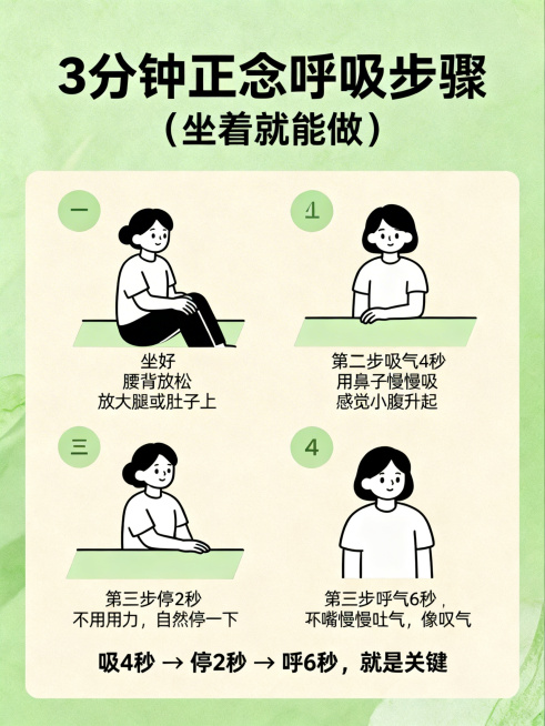 医疗检查正念呼吸指南内页海报，柔和绿色搭配暖米色，简约干净插画风格，清爽配色。大黑体标题"3分钟正念呼吸步骤（坐着就能做）"，圆润黑体正文。操作步骤：1. 坐好：腰背放松，手放大腿或肚子上。2. 吸气预览效果