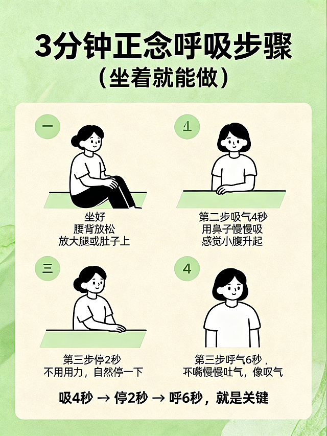 医疗检查正念呼吸指南内页海报，柔和绿色搭配暖米色，简约干净插画风格，清爽配色。大黑体标题"3分钟正念呼吸步骤（坐着就能做）"，圆润黑体正文。操作步骤：1. 坐好：腰背放松，手放大腿或肚子上。2. 吸气4秒：用鼻子慢慢吸，感受小腹升起。3. 停2秒：不用用力，自然停一下。4. 呼气6秒：用嘴慢慢吐气，像叹气。5. 重复5–10次：走神没关系，拉回来就好。配图是四个步骤的简单小漫画。底部一句话总结："吸4秒 → 停2秒 → 呼6秒，就是关键。"