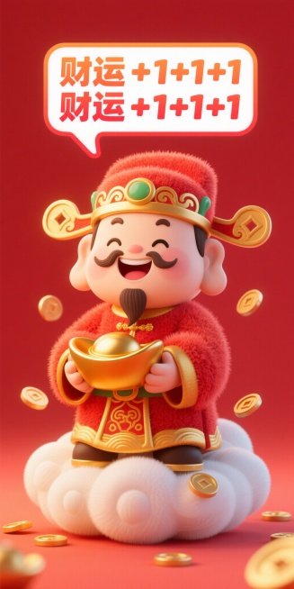 3D卡通Q版毛绒外衣财神竖版形象，身着红金相间的传统中式服饰，头戴带祥云纹的官帽，留着翘翘的大胡子，笑容满面；坐在白色祥云上，手持金元宝，周围散落金币，整体风格喜庆可爱，细节圆润精致，中国风吉祥元素，预览效果