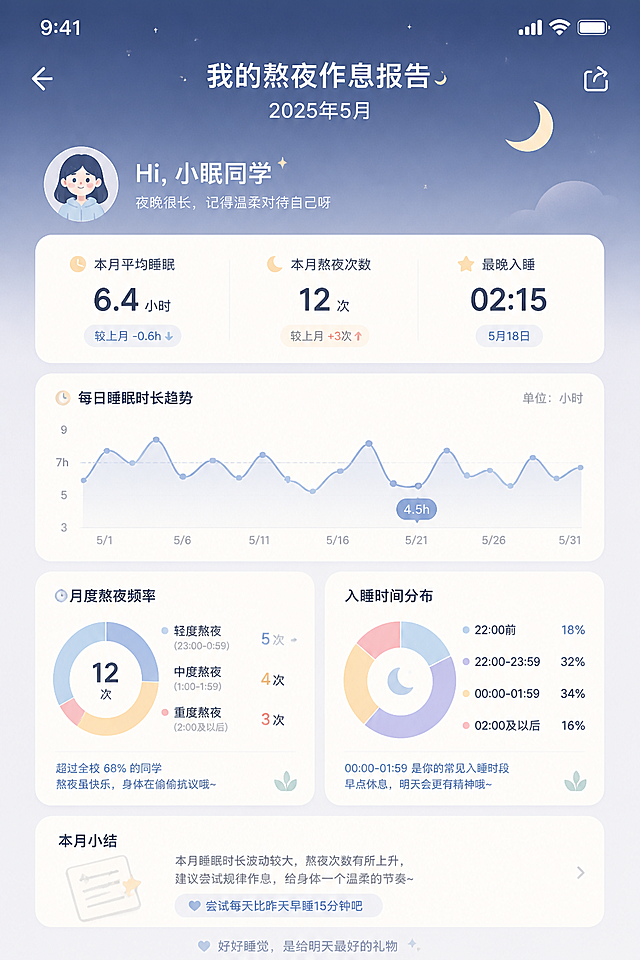 高保真移动端UI界面设计，大学生睡眠小程序「安寝缓冲站」个人熬夜作息报告页，整体采用柔和莫兰迪色系，浅灰蓝和米白为主色调，搭配简约线条图标和夜空渐变背景，营造放松舒缓氛围。卡片式布局，包含极简折线图、环形统计图，展示每日睡眠时长、月度熬夜频率、入睡时间分布，搭配文字小结，界面干净简约无广告，低刺激轻量化设计调性。