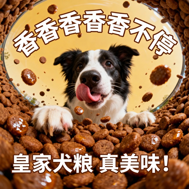 鱼眼镜头视角，画面核心是一只边牧犬正伸出舌头舔舐，周围环绕着大量棕色犬粮颗粒，上方有重复的“香香香香香不停”艺术字，搭配“皇家犬粮 真美味！”的宣传语，整体风格充满食欲感，突出犬粮的美味与吸引力，营造预览效果