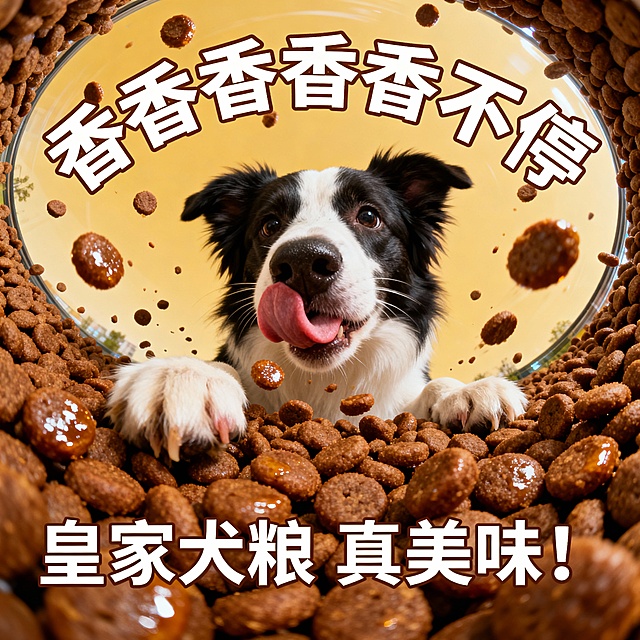 鱼眼镜头视角，画面核心是一只边牧犬正伸出舌头舔舐，周围环绕着大量棕色犬粮颗粒，上方有重复的“香香香香香不停”艺术字，搭配“皇家犬粮 真美味！”的宣传语，整体风格充满食欲感，突出犬粮的美味与吸引力，营造宠物喜爱氛围