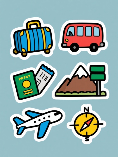 一套6个旅行主题的卡通贴纸图标，保持手绘风格，使用明亮的配色方案，粗黑色轮廓线，白色高光细节和阴影效果，纯色背景。图标内容为：1. 蓝色行李箱带有黄色提手和装饰条纹；2. 红色敞篷巴士；3. 绿色护照和机票；4. 棕色山脉和绿色路牌；5. 蓝白相间的飞机；6. 黄色指南针。图标排列成2行3列的规整网格布局。预览效果