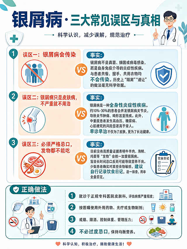 标题：银屑病·三大常见误区与真相。关于银屑病（俗称“牛皮癣”），以下3个广为流传的说法其实是错的：  ❌ 误区一：银屑病会传染 ✅ 事实：银屑病不是真菌、细菌或病毒感染，而是自身免疫介导的炎症性疾病。与患者共餐、握手、共用衣物均不会被传染。历史上“隔离”“避让”的做法毫无科学依据。  ❌ 误区二：银屑病只是皮肤病，不严重就不用治 ✅ 事实：银屑病是一种全身性炎症性疾病。约10%-30%的患者会并发银屑病关节炎，导致关节肿痛、畸形甚至残疾。此外，中重度患者发生高血压、糖尿病、心肌梗死的风险显著高于常人。早诊早治不仅为了皮肤，更为了长远健康。  ❌ 误区三：必须严格忌口，发物都不能吃 ✅ 事实：目前没有高质量证据表明牛羊肉、海鲜、鸡蛋等“发物”会统一加重银屑病。盲目长时间忌口反而可能导致营养不良。少数患者确实对某些食物敏感，建议自行记录饮食日记，逐一排查，而非全盘否定。  ✅ 正确的做法：  就诊于正规专科医院皮肤科，评估病情严重程度  按医嘱使用外用药物、光疗或生物制剂  戒烟、限酒、控制体重、管理压力  不必过度忌口，保持均衡营养 根据以上文案，生成一张朋友圈科普图片，不要触碰朋友圈红线，不能出现错别字。3：4