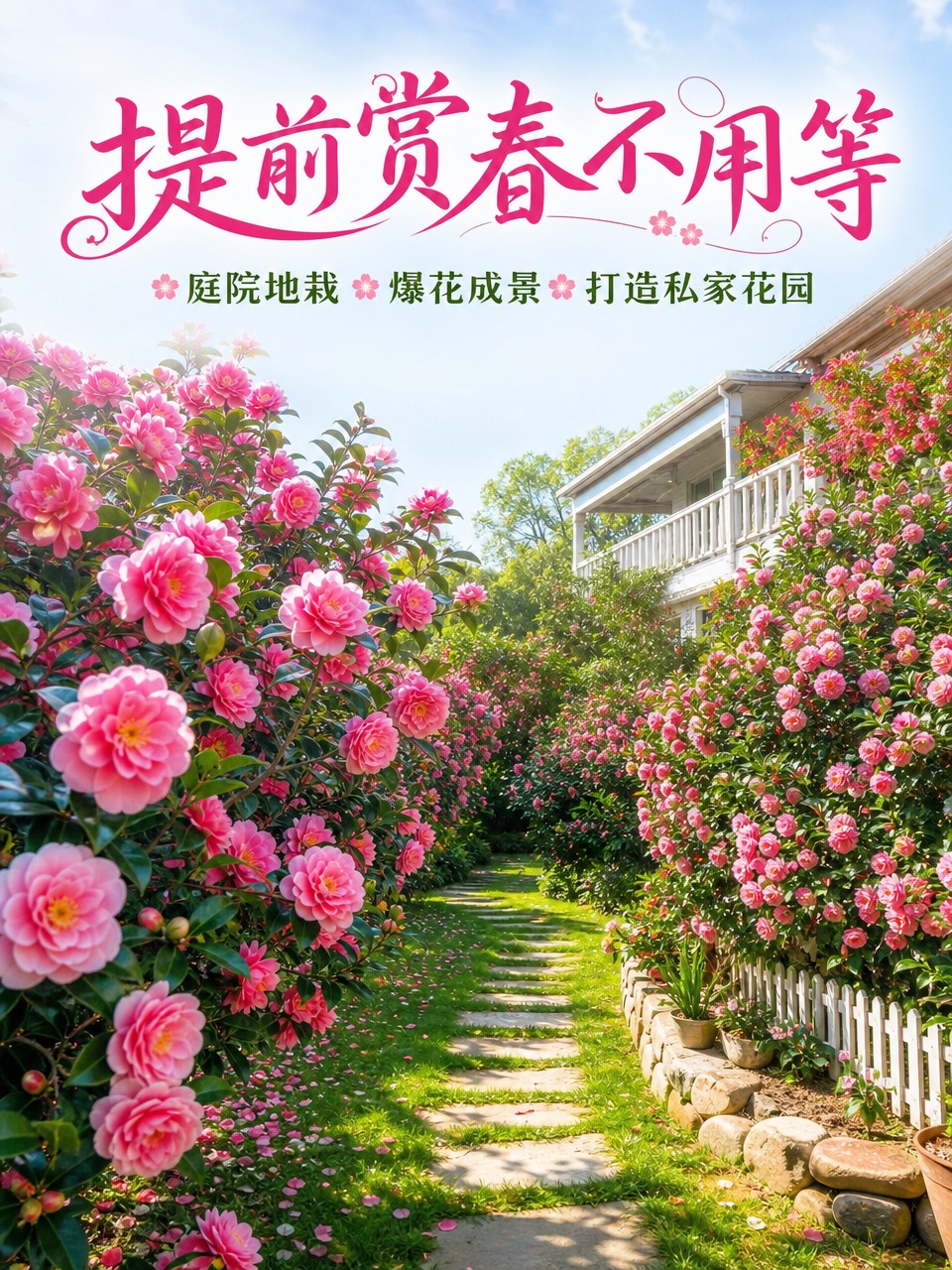 淘宝天猫电商主图第五张，户外庭院爆花实景，3:4竖版。画面展示… - 图片创意预览