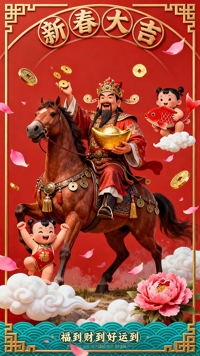 国潮风融合3D重拟物设计，鎏金浮雕边框衬托喜庆红底，财神骑马持金元宝，童子捧鱼跃云间，中式卡通元素洋溢新春大吉氛围。