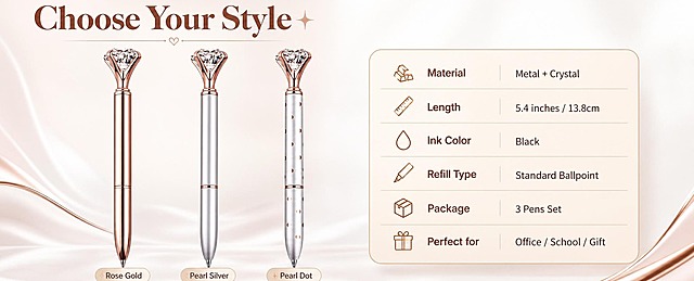 [商品] 使用【图1】三款水晶钻石圆珠笔；保留三款SKU外观：左款全玫瑰金金属笔身、中款珍珠白银色笔身+玫瑰金钻顶、右款珍珠白波点笔身+玫瑰金钻顶；保留顶部水晶钻石造型、笔身结构和整体比例；增强金属质感与水晶光泽。
[画面] 目标：系列规格页，三款SKU对比展示+产品参数信息卡，方便选购。构图：上半部分三款笔横向排列展示占55%，下半部分参数信息卡占45%；前景三款笔直立展示，中景圆角信息卡表格，背景珍珠白渐变，三层视觉层次。阅读动线从上产品到下参数。
[视觉] 套系策略：风格=跨境极简高级商业摄影；标题字=现代优雅衬线粗体；正文字=简洁无衬线体；主色=玫瑰金+珍珠白；背景延展=基于玫瑰金与珍珠白做深浅层级、同色渐变和细腻金属/珠光质感；强调色=香槟金，仅用于小面积图标、引线和标签；标题色=深玫瑰金；正文色=暖灰棕；组件=圆角浅金信息卡、细线引线；光影=均匀暖柔光，产品清晰立体。
[文字] 上方主标题"Choose Your Style"，下方信息卡包含：Material（Metal + Crystal）、Length（5.4 inches / 13.8cm）、Ink Color（Black）、Refill Type（Standard Ballpoint）、Package（3 Pens Set）、Perfect for（Office / School / Gift）。三款笔下方分别标注：Rose Gold、Pearl Silver、Pearl Dot。
[规格] 图片比例61:25横版，4K，避免变形、错字、文字过小、冷蓝背景、笔身颜色改变、参数虚构。