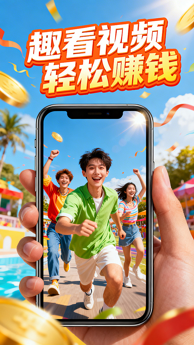 竖版短视频宣传海报，画面活泼亮眼，有手机播放视频的场景，搭配文字“趣看视频 轻松赚钱”，充满吸引力，适合移动端传播