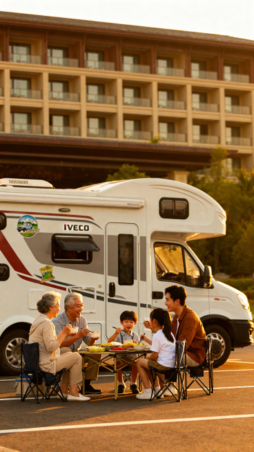 白色C型iveco房车停在景区停车场，傍晚黄金光线。一家人（爷爷奶奶、爸爸妈妈、孩子）围坐在房车旁的露营桌边吃饭，背景是酒店建筑。画面展现"住在风景里"的温馨感，中国家庭房车旅行场景，真实摄影风格预览效果