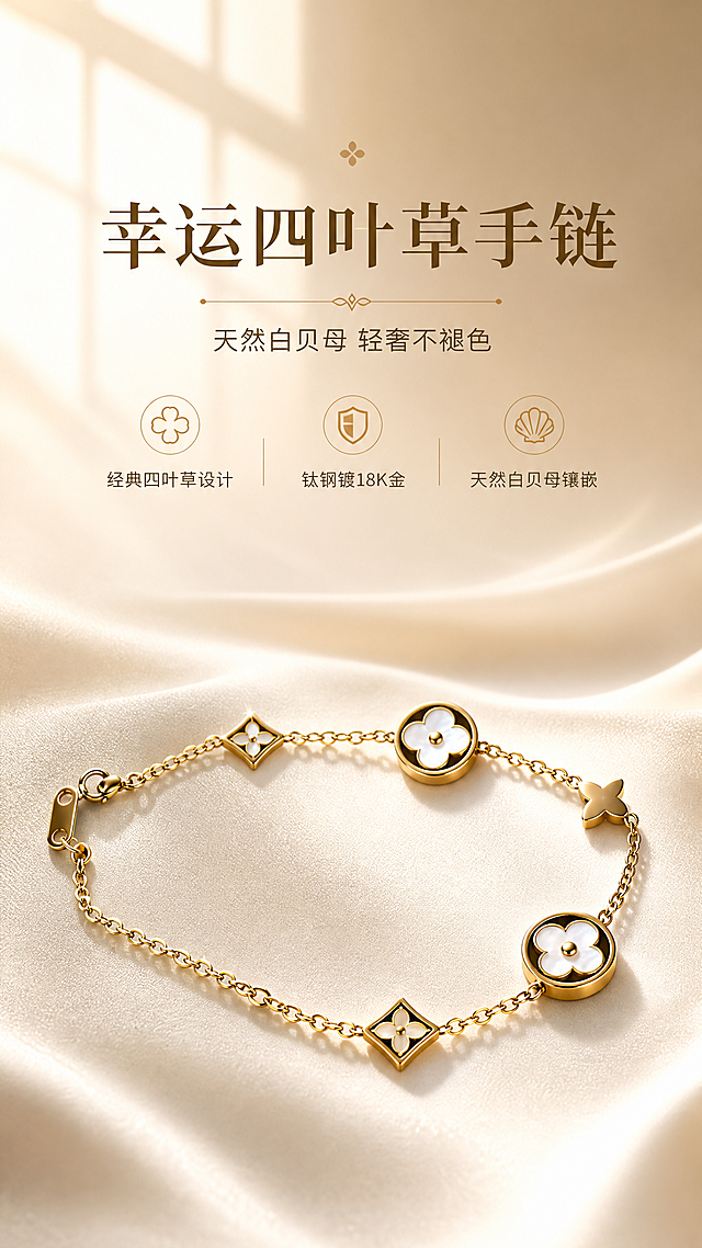 [商品] 使用【图1】金色白贝母四叶草钛钢手链；保留圆形白贝母四叶草吊坠、菱形镂空四叶草、金色链条、龙虾扣延长链的结构与颜色；增强金属光泽与贝母温润质感，去除画面中多余的纸张边缘和木质桌面干扰。
[画面] 目标：氛围头图，建立轻奢高级第一印象。构图居中偏下，手链呈优雅弧形摆放，产品占画面约55%；前景为细腻米白丝绸/绒布质感台面，中景为手链主体，背景为渐变暖米色柔光背景，左上角有柔和窗格光影投射；营造高级珠宝大片氛围。
[视觉] 套系策略：风格=轻奢高级商业珠宝摄影；标题字=优雅衬线粗体；正文字=简洁现代无衬线体；主色=暖金+米白；背景延展=基于暖金米白做深浅渐变、柔光层次和细腻质感；强调色=香槟金，仅用于小面积图标、引线和装饰线条；标题色=深棕金；正文色=暖灰棕；组件=细金线信息卡、优雅分割线；光影=左上侧暖柔光，金属高光清晰，贝母呈现虹彩光泽。
[文字] 上方居中主标题「幸运四叶草手链」，副标题「天然白贝母 轻奢不褪色」，下方配3个短卖点：经典四叶草设计、钛钢镀18K金、天然白贝母镶嵌；文字不遮挡手链主体，排版优雅留白。
[规格] 图片比例9:16竖版，2K，避免变形、错字、文字过小、冷蓝背景、颜色失真、结构缺失。