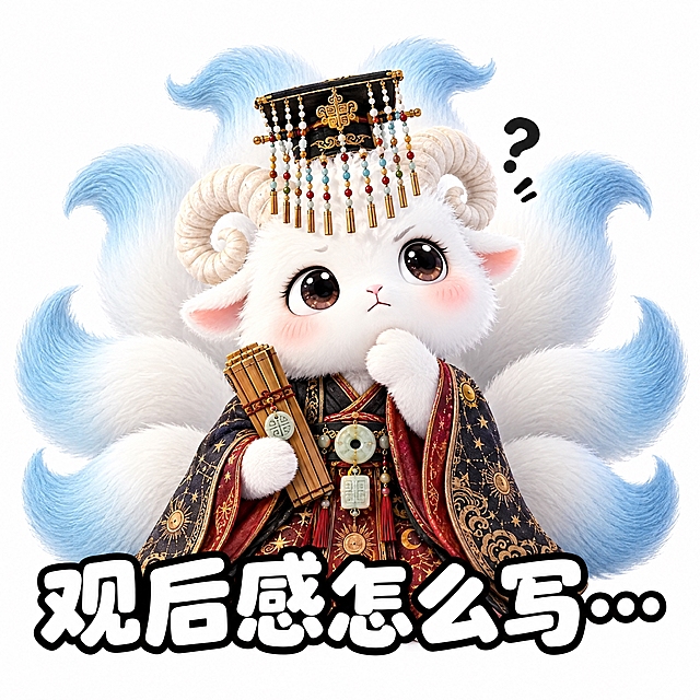 参考图中的白色九尾羊神兽（穿星象汉服、戴冕旒冠、持竹简），做成可爱表情包风格，神兽做出若有所思的表情，下方配白色粗体字带黑色描边："观后感怎么写…"，纯白色背景，3D毛绒质感，Q版可爱风格，表情包构图，正方形画面