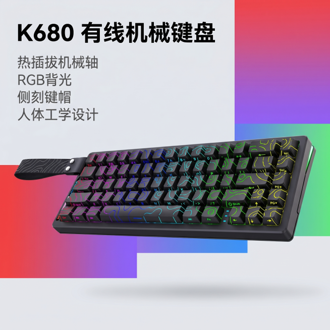 [主图 1] K680有线机械键盘产品首图。[氛围风格] 活力感极简拼接色青春风，简约B端源头工厂质感。[画质] 商业摄影质感、光线通透、产品清晰真实、画面干净高级。[元素] 黑色拼渐变彩色侧刻键帽键预览效果