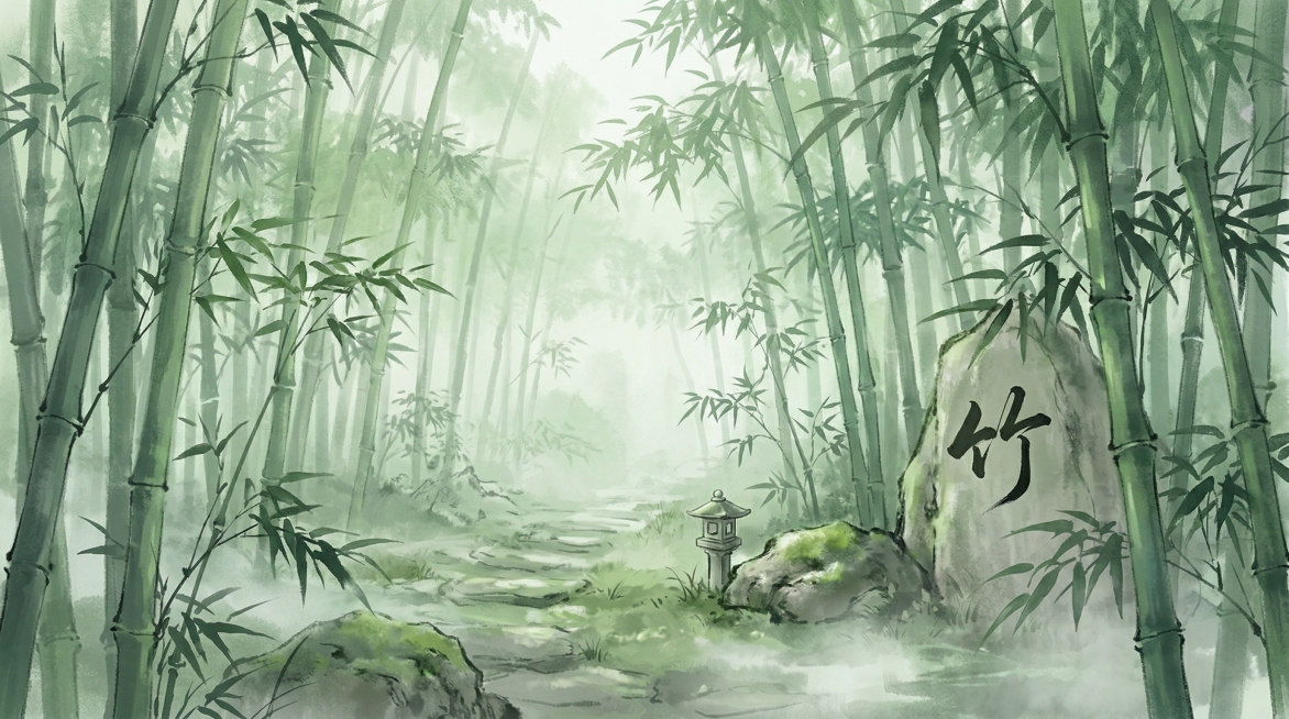 中国风水墨竹园纯背景，竹林茂密，水墨意境，古风写意，只有背景无人物角色，朦胧清新的绿色竹林场景预览效果