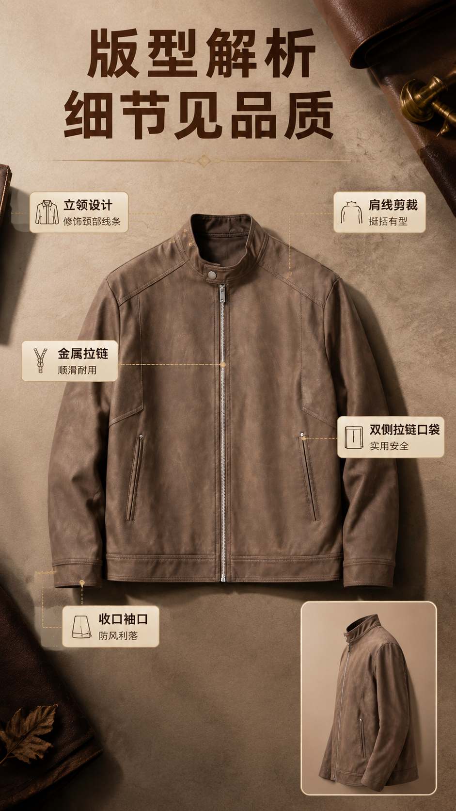 [商品] 使用【图1】咖色立领仿皮皮衣夹克；商品处理：保留立领… - 图片创意预览
