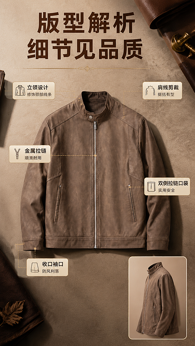 [商品] 使用【图1】咖色立领仿皮皮衣夹克；商品处理：保留立领、中央金属拉链、双侧拉链口袋、肩线缝线、袖口、下摆、咖色和仿皮做旧纹理；自然去皱，理顺垂坠，增强皮纹、缝线、五金质感，不改变版型和结构。
[画面] 页面目标：版型结构解析，展示立领、拉链、口袋、肩线等结构，翻译穿搭利益。构图：皮衣正面平铺于浅咖质感台面，占画面中心约60%；从立领、主拉链、侧口袋、肩线缝线、袖口5处引出细线标签，对应结构说明；右下角小图展示侧面角度。阅读动线：上方标题→中心皮衣主体→四周引线标签→右下角侧视图。
[视觉] 套系策略：风格=高级复古都市男性商业摄影；标题字=现代无衬线粗体（带轻微复古衬线细节）；正文字=简洁无衬线体；主色=暖棕咖；背景延展=基于暖棕咖做深浅层级、同色渐变和细腻皮革/纸张质感；强调色=古铜金，仅用于小面积图标、引线和标签；标题色=深咖棕；正文色=中暖灰；组件=圆角浅咖信息卡、细线引线、复古标签；光影=右前侧暖柔光，侧逆光勾勒皮衣轮廓。
[文字] 上方主标题“版型解析 细节见品质”（8字）；5处引线标签文案：「立领设计 修饰颈部线条」「金属拉链 顺滑耐用」「双侧拉链口袋 实用安全」「肩线剪裁 挺括有型」「收口袖口 防风利落」；文字横向排版，标签不遮挡皮衣关键结构。
[规格] 图片比例9:16竖版，4K，负向提示：避免变形、错字、文字过小、冷蓝/蓝灰背景、皮衣颜色改变、版型失真、极限词、平台Logo水印。