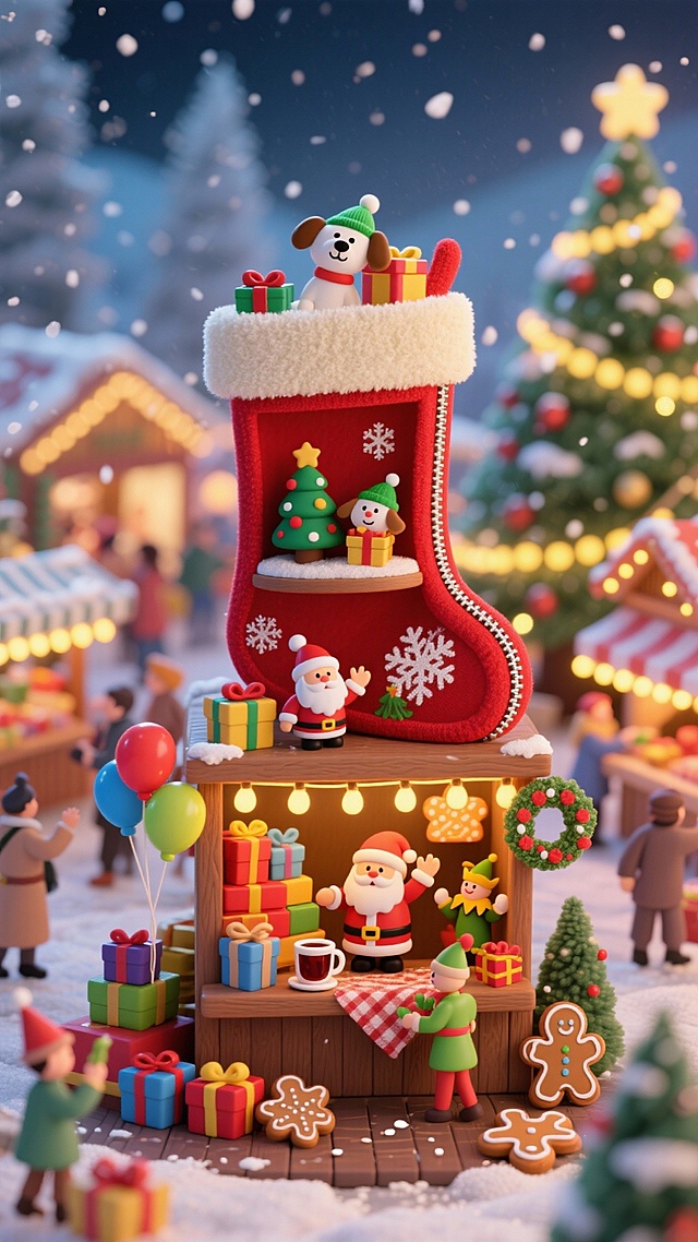 鲜红色巨型圣诞袜（袜身印白色雪花纹，顶部配米白色绒边，侧边设拉链开口），袜内分层呈现热闹的圣诞场景：上层有迷你圣诞树、礼物盒、戴绿帽的小狗玩偶；下层有圣诞老人玩偶、堆叠的礼盒、持礼物的另一位精灵玩偶。放置在圣诞市集的木质摊位中央，摊位周围摆满彩色圣诞礼品、热红酒杯、姜饼人饼干与手工花环，悬挂彩色气球与暖黄串灯。背景为热闹的市集人群（模糊剪影）、其他装饰精美的圣诞摊位与大型圣诞树，天空飘着细碎雪花。色彩鲜艳，暖光光线（摊位灯光璀璨），玩偶摆出挥手、递礼物的动态，整个场景具有热闹喜庆的动态感。