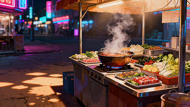 重新生成无人街头火锅摊纯背景，二次元动漫风格，夜晚都市霓虹灯氛围，暖调温馨色彩，不要阴森血红色调，清晰展示冒着热气的火锅和菜品，充满热闹烟火气，画面中无人物，16:9横版