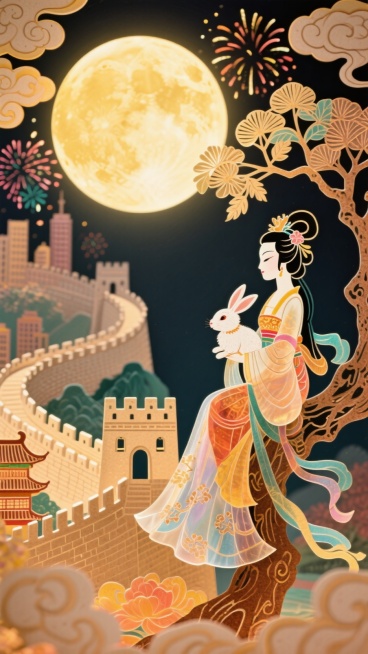全景构图，近景是嫦娥抱着玉兔的坐在玉桂树上的侧影，中间是蜿蜒雄伟的长城和繁华的城市建筑，背后是圆月和烟花，画面四周祥云环绕，画面整体充满喜庆和华丽，画面呈现喜庆的暖色调预览效果