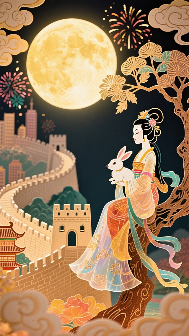 全景构图，近景是嫦娥抱着玉兔的坐在玉桂树上的侧影，中间是蜿蜒雄伟的长城和繁华的城市建筑，背后是圆月和烟花，画面四周祥云环绕，画面整体充满喜庆和华丽，画面呈现喜庆的暖色调
