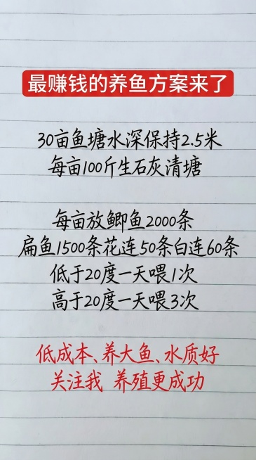 参照图片字体和颜色，替换内容为：最赚钱的养鱼方案来了 30亩鱼塘水深保持2.5米每亩100斤生石灰清塘每亩放鲫鱼2000条 扁鱼1500条花连50条白连60条 低于20度一天喂1次高于20度一天喂3次预览效果