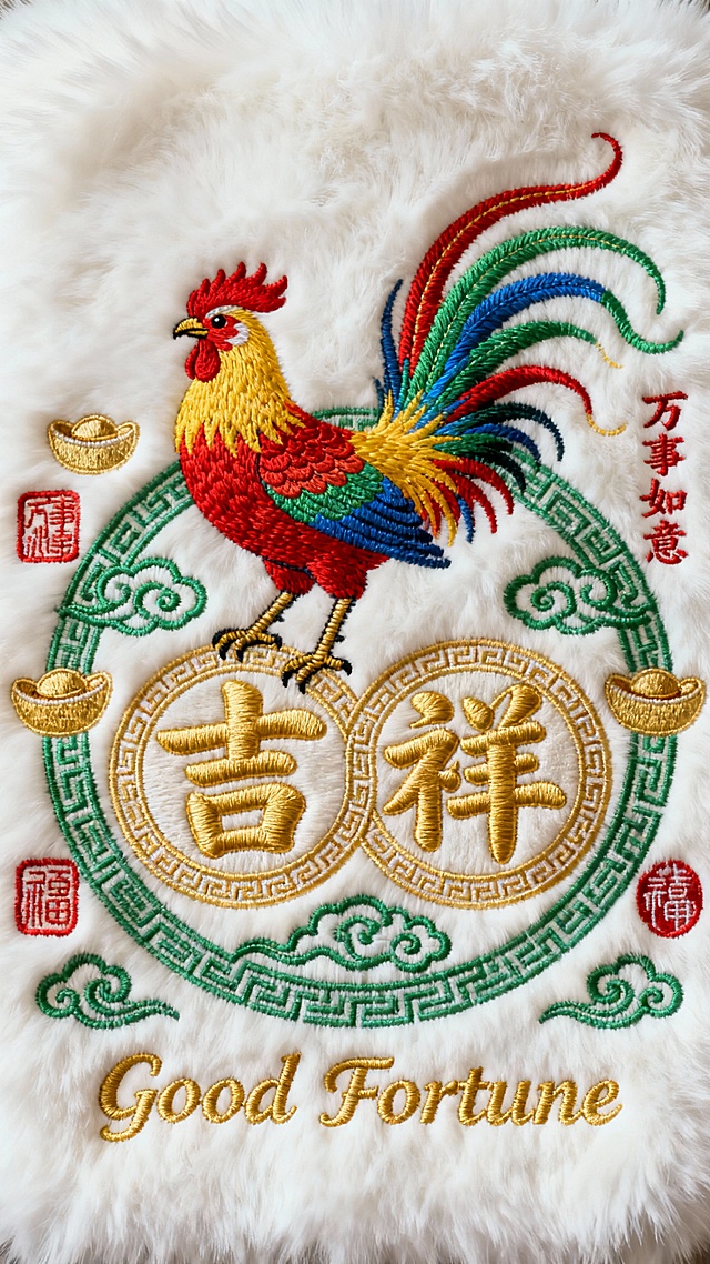 白色毛绒质地背景上，中央是一只色彩斑斓的锦鸡刺绣图案，锦鸡羽毛呈现红、黄、蓝、绿渐变色彩，尾部羽毛飘逸舒展，姿态昂扬。锦鸡下方为金色立体刺绣的“吉祥”二字，字体饱满圆润，边缘有精致回纹装饰。周围环绕着绿色刺绣的祥云纹样、金色元宝图案和红色印章式文字“万事如意”，底部用金色花体字绣着“Good Fortune”，整体保持与原图一致的毛绒质感和刺绣工艺风格，色彩搭配和谐喜庆，营造出传统吉祥的氛围。