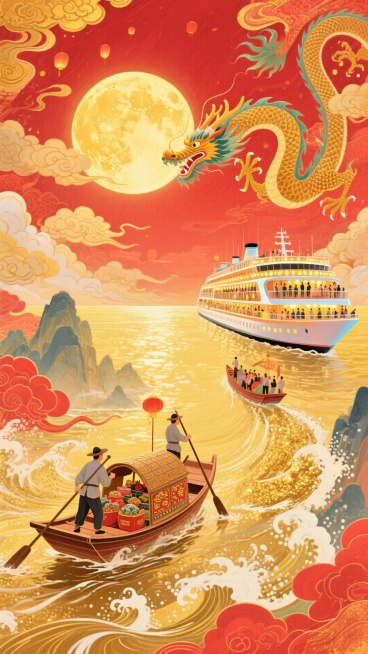 整体红金色调，热闹氛围。画面含金黄圆月，一只唐代小船（船身绘云纹，满载节日物资，唐代船工挥汗）和一艘现代豪华邮轮（甲板有中秋赏月人群、邮轮灯光璀璨），一道洒金的浪花阻隔在中间，背景是同一片金色的海，水预览效果