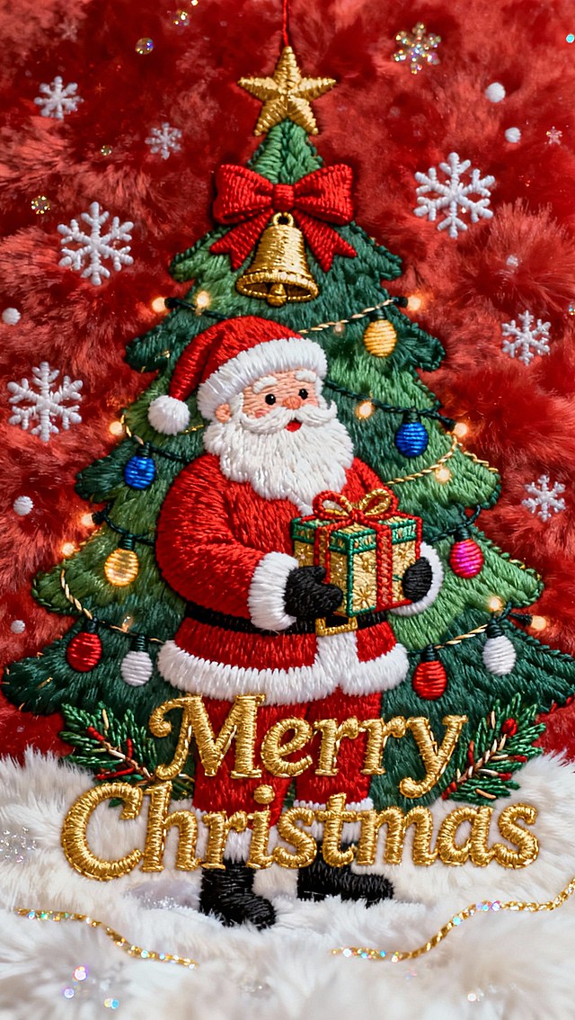 圣诞老人手里捧着圣诞礼物站在圣诞树前，金色英文标题“Merry Christmas”，圣诞配色，红色背景