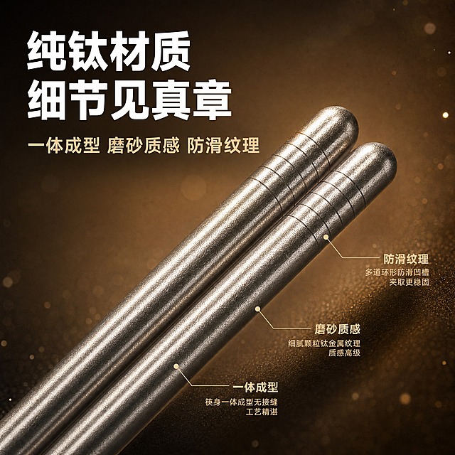 [主图-5] 纯钛TA2筷子材质细节微距图，100%复刻产品结构造型，突出钛金属质感与做工细节。
[统一基调] 整体风格延续高级金属科技感，深棕金色渐变背景，金属粒子装饰，暖金色光晕，高级轻奢质感；标题字色为白色加粗大字，辅助字色为浅金色；字体为现代无衬线粗体。
[画面] 一双纯钛筷子斜向摆放的微距特写，100%还原产品真实结构：筷身是银灰色磨砂钛金属质感，表面有细腻的颗粒状钛金属纹理，筷尾有多道环形防滑凹槽纹路，筷头圆润收尖一体成型；重点展示筷尾防滑纹理的细节和筷身一体成型的接缝处（无接缝），体现工艺精湛；背景是深棕金渐变虚化，点缀金色粒子和光斑，突出主体；产品占画面约70%。
[光影质感] 商业微距摄影质感，侧逆光勾勒筷身轮廓，金属表面形成细腻的高光颗粒感，底部有柔和接触阴影；钛金属磨砂纹理清晰真实，不光滑不塑料。
[配色] 深棕金背景，银灰磨砂金属产品，白色+浅金文字。
[文字版式] 左上角标题"纯钛材质 细节见真章"，下方小字"一体成型 磨砂质感 防滑纹理"；局部标注用引线指向筷尾防滑纹和筷身纹理处。
[输出要求] 1:1正方形比例，2K高清，产品结构100%复刻原图，细节清晰锐利；负向：变形、错字、模糊、杂乱、水印、平台Logo、塑料光滑质感、改变产品形状。