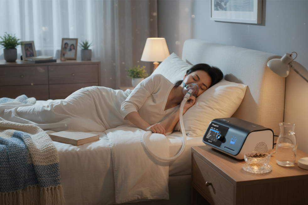 温馨的卧室场景，母亲躺在床上 戴上呼吸机面罩，夜色温柔地笼罩着房间，屋内光线柔和，空气中弥漫着淡淡的蜜糖水甜味，营造出宁静、温馨、充满爱意的氛围预览效果