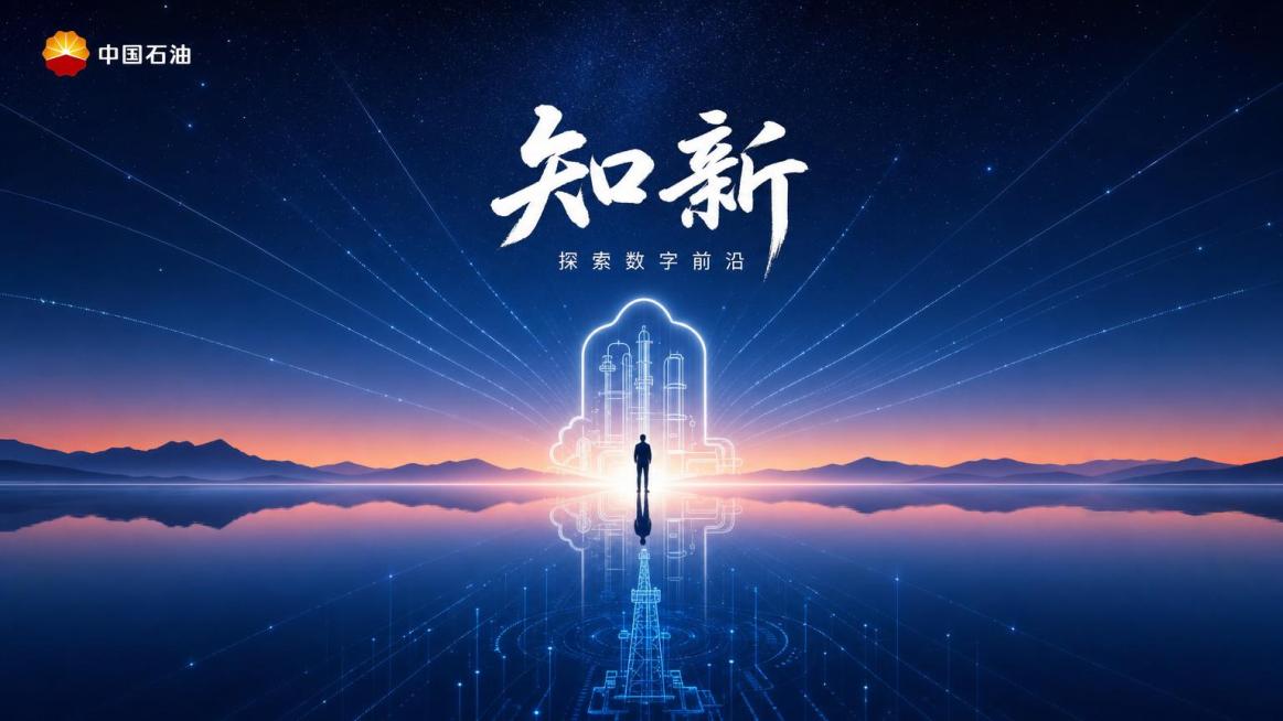 中石油数智主题发布会海报，深蓝色星空 + 粉橙地平线渐变，静谧科技风，抽象星空水面场景，深蓝色星空带放射状淡蓝色数据流星轨，粉橙渐变地平线远山剪影，平静无波纹水面倒影，中心发光白色抽象轮廓融合油气管道预览效果