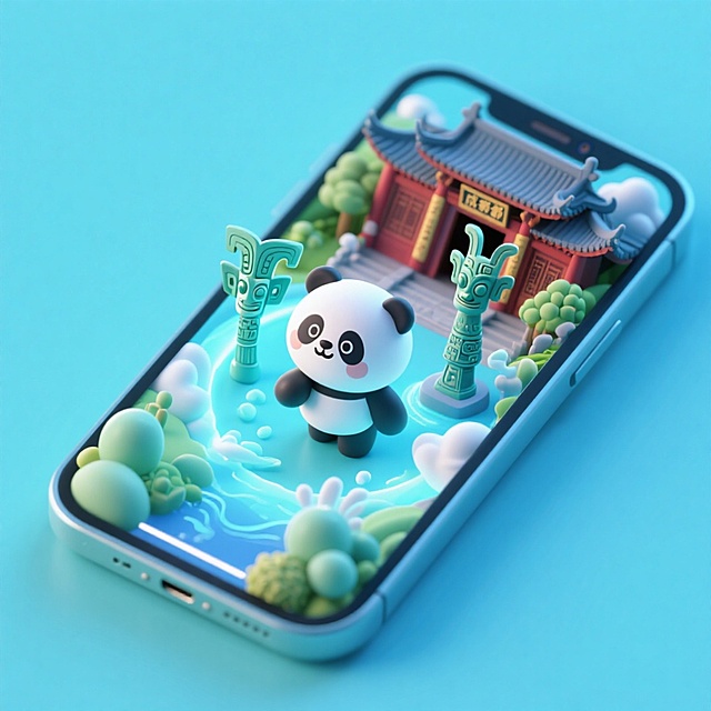 软3D风微缩艺术，可爱熊猫穿梭于古风建筑与青铜立柱间，清新梦幻，虚拟现实感十足。