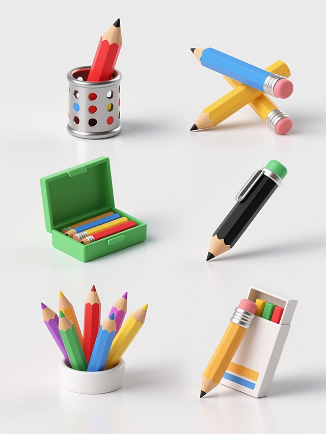 一组6个完全不同造型的铅笔元素系列素材集合，采用3D立体风格，色彩鲜明，主色调为红、蓝、绿、黄、黑、白等纯色，光影效果柔和，具有金属质感和塑料质感，整体设计简洁明快。每个元素均保持铅笔的基本特征，包括木质笔杆、彩色笔芯、金属笔尖，以及整盒笔的包装细节。第一个元素为红色铅笔插在彩色圆点金属笔筒中；第二个元素为蓝色铅笔与黄色铅笔交叉摆放；第三个元素为绿色铅笔盒打开状态，露出多支彩色铅笔；第四个元素为黑色铅笔单独放置，笔帽朝上；第五个元素为多支彩色铅笔呈扇形排列；第六个元素为铅笔盒与单支铅笔组合，铅笔斜靠在盒边。所有元素均采用规整的网格排布，背景为纯白色，整体风格统一，符合现代设计感，适合作为教育、办公相关的宣传素材。