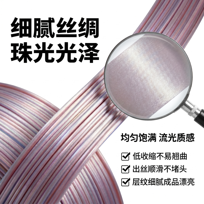 [主图-3] 线材材质细节放大特写图。氛围风格：专业质感，细节清晰，突出材质优势。画质：商业微距摄影质感，光线通透，纹理清晰锐利，8K超清画质。元素：画面主体放大展示PLA丝绸双色线材的局部横截面和表预览效果