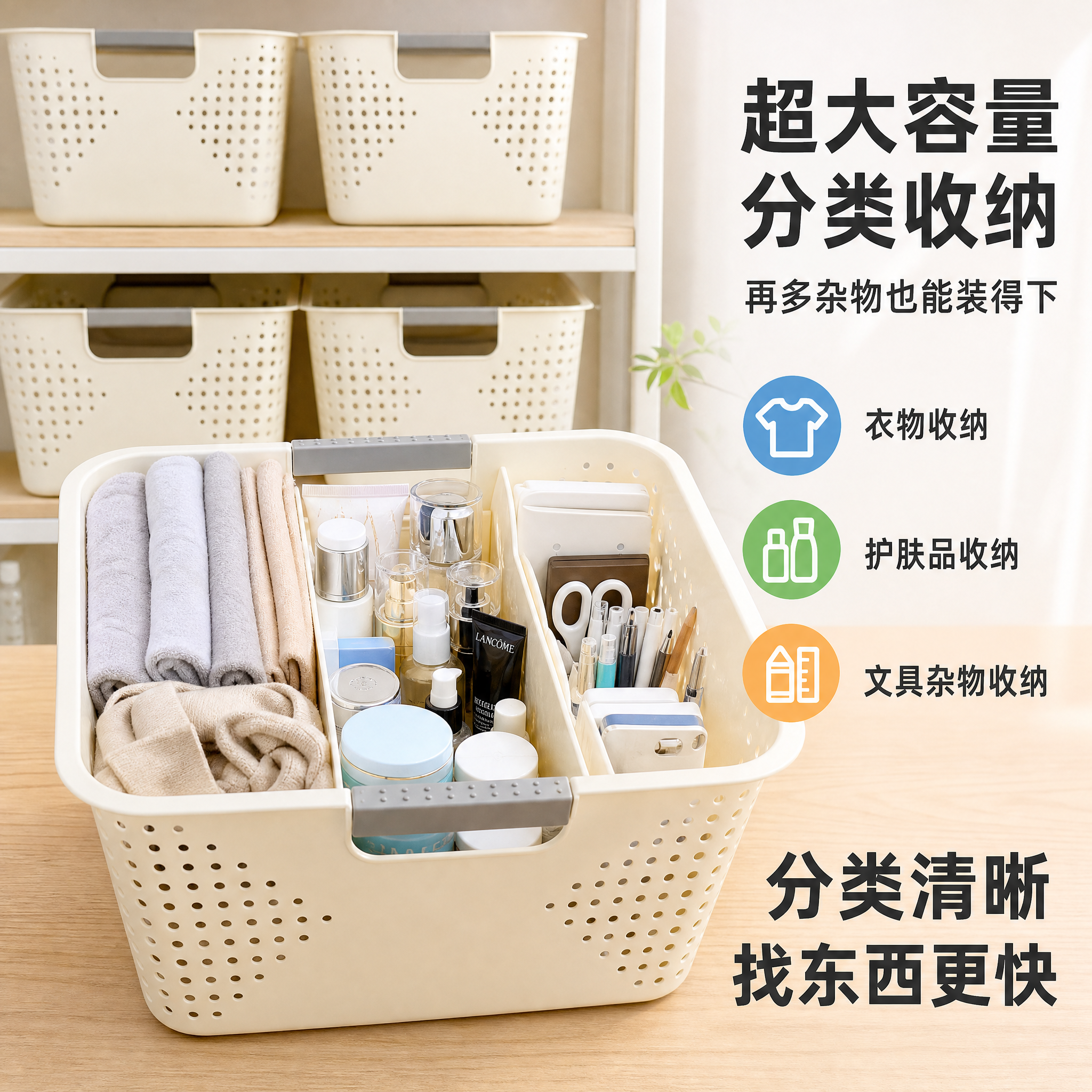 [主图-2] 收纳盒容量满载展示与分类逻辑图，突出大容量与分类… - 图片创意预览