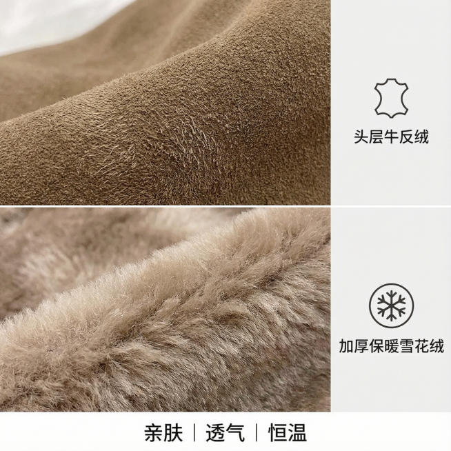 构图： 拼图或对比图。上图为牛反绒表面微距镜头，毛发感清晰可见；下图为雪花绒内里特写，蓬松柔软。

文案： 简洁的图标+关键词。

文案内容：

表面： 配上牛皮革图标 「头层牛反绒」

内里： 配上预览效果