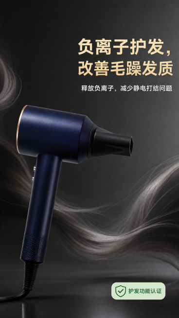 [第6屏] 本屏功能定义：负离子护发高速吹风机核心卖点拆解三-负离子护发。
[氛围/风格] 精致高级质感，轻奢护发氛围，商业摄影质感。
[元素布局] 高级质感渐变深灰背景，背景点缀自然飘逸顺滑发丝元素预览效果