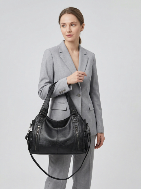 Ozon 详情页，3:4 竖版，浅灰简约背景，168cm 俄罗斯女模特，穿浅灰通勤西装，自然站姿展示图片中的黑色包包，包包尺寸39x13x24cm，上身比例真实，包包质感突出，干净高级，符合俄罗斯审美预览效果